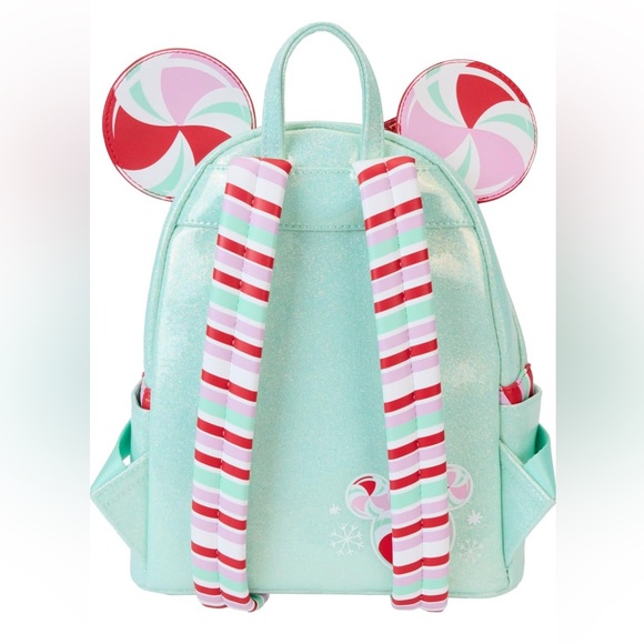 Loungefly BoxLunch sparkly Minnie Mouse bow Christmas candy cane mini backpack - Picture 3 of 4